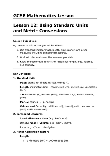 Standard Units and Metric Conversions - GCSE Maths Lesson