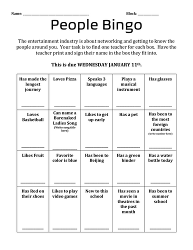 Theatre Production 11 - People Bingo Handout | Teaching Resources