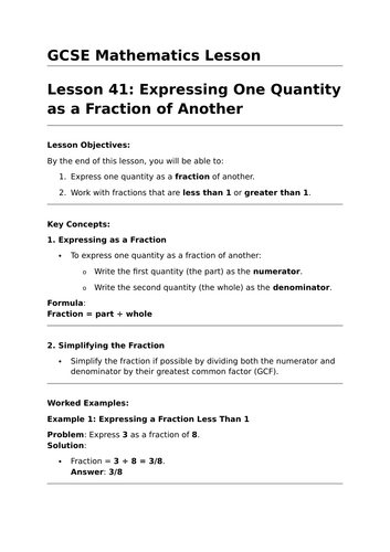 Expressing One Quantity as a Fraction of Another - GCSE Maths Lesson