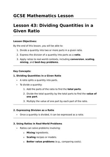 Dividing Quantities in a Given Ratio - GCSE Maths Lesson