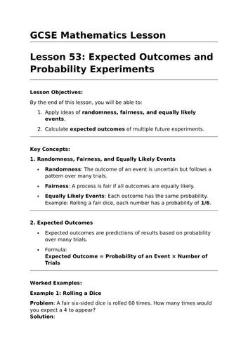 Expected Outcomes - GCSE Maths Lesson