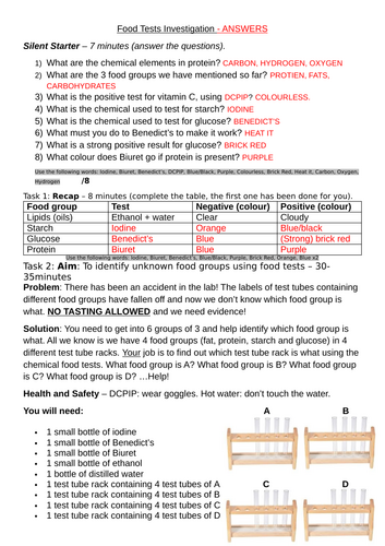 Igcse Food Tests Practical Worksheet And Answers 