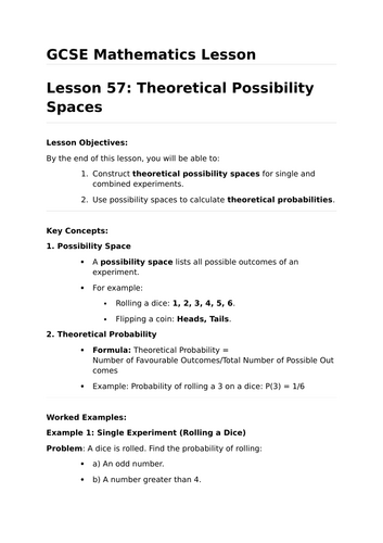 Theoretical Probability Spaces - GCSE Maths Lesson