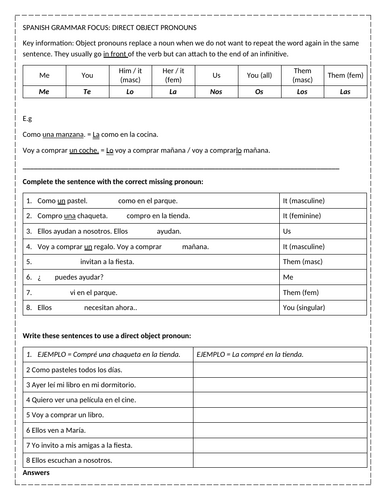 Spanish Grammar: Direct Object Pronouns