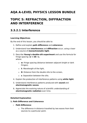 REFRACTION, DIFFRACTION AND INTERFERENCE - Complete Lesson Bundle for AQA A-Level Physics