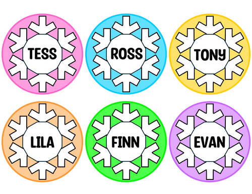 Bright Name Tags, Editable Winter Name Plates, Colorful Snowflakes Name ...