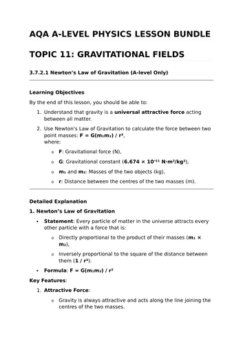 GRAVITATIONAL FIELDS - Complete Lesson Bundle for AQA A-Level Physics