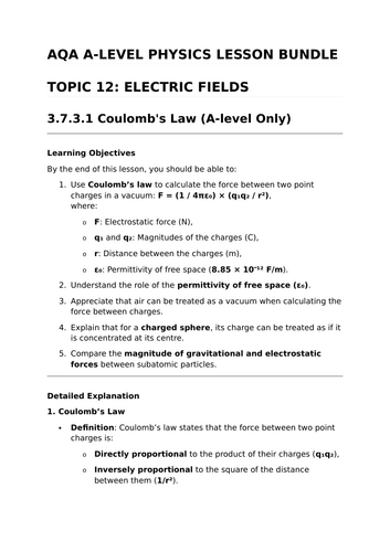 ELECTRIC FIELDS - Complete Lesson Bundle for AQA A-Level Physics