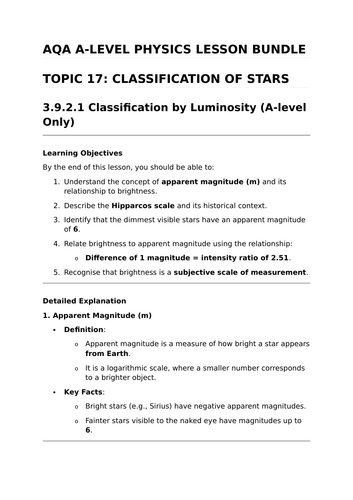 CLASSIFICATION OF STARS - Complete Lesson Bundle for AQA A-Level Physics