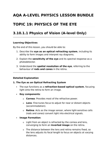 PHYSICS OF THE EYE - Complete Lesson Bundle for AQA A-Level Physics ...