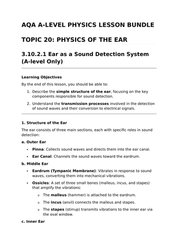 PHYSICS OF THE EAR - Complete Lesson Bundle for AQA A-Level Physics