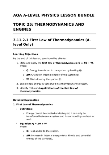 THERMODYNAMICS AND ENGINES - Complete Lesson Bundle for AQA A-Level Physics