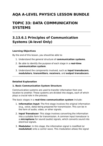 DATA COMMUNICATION SYSTEMS - Complete Lesson Bundle for AQA A-Level Physics