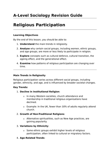 Religious Participation - A-Level Sociology