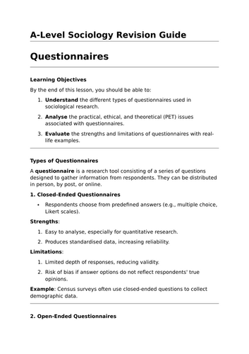 Questionnaires - A-Level Sociology