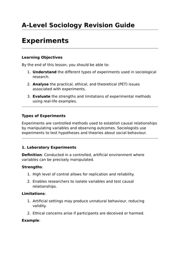 Experiments - A-Level Sociology