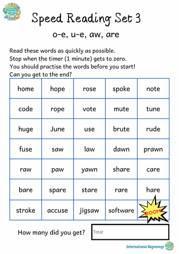 PHONICS - Speed Reading Set 3 (o-e, u-e, aw, are) - International Beginnings