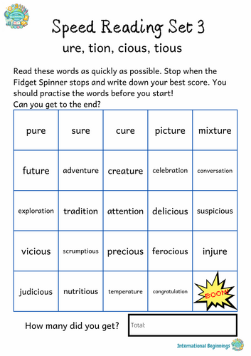 PHONICS - Speed Reading Set 3 (ure, tion, cious, tious) - International Beginnings