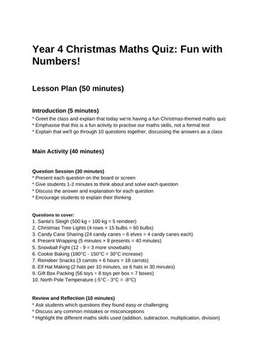 Year 4 Christmas Maths Quiz and Lesson plan | Teaching Resources