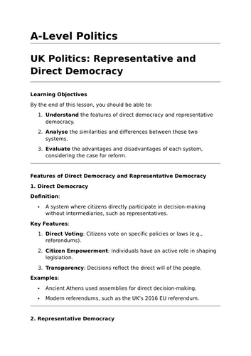 Direct and Representative Democracy - A-Level Politics