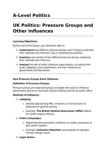 Pressure Groups and Other Influences - A-Level Politics