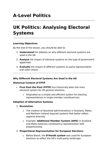 Analysing Electoral Systems - A-Level Politics