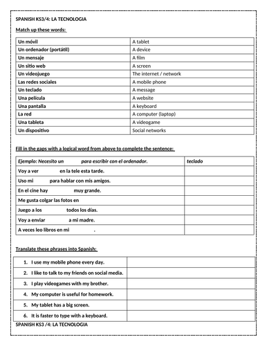 AQA GCSE Spanish: La tecnología – Reading, Writing & Translation Practice