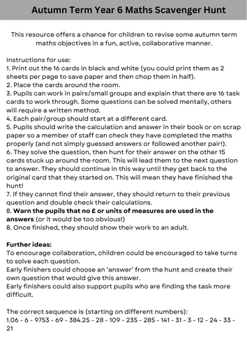 Year 6 Autumn Term Maths Revision 'Treasure Hunt' reasoning/arithmetic ...