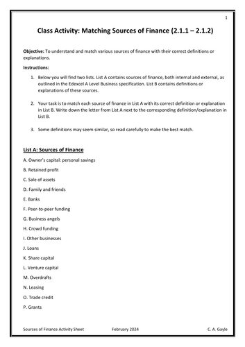 Sources of Finance - Class Activity (Edexcel A Level Business ...