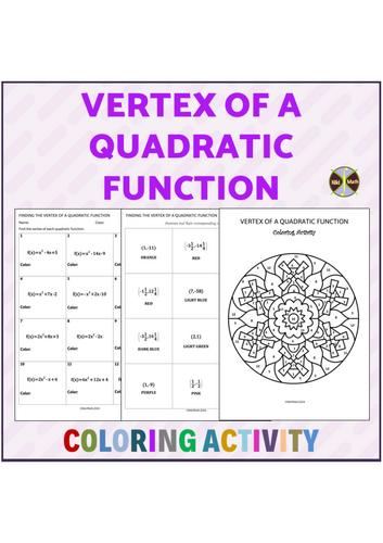 Finding the Vertex of a Quadratic Function - Coloring Activity/Color by ...