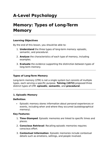 Types of Long-Term Memory - A-Level Psychology Lesson