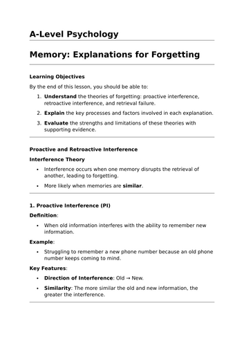 Explanations for Forgetting - A-Level Psychology Lesson