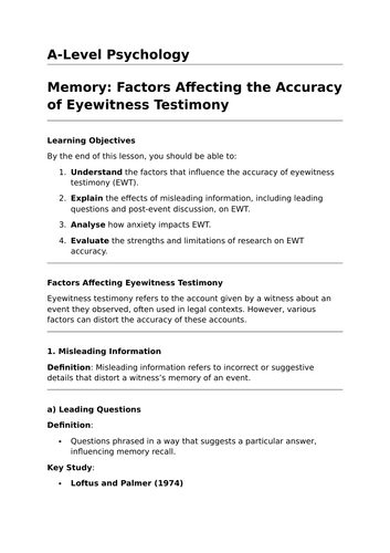 Factors Affecting Eyewitness Accuracy - A-Level Psychology Lesson