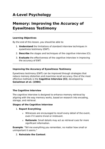 Improving Eyewitness Testimony - A-Level Psychology Lesson