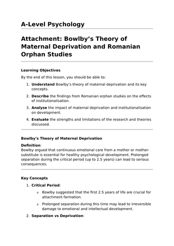 Bowlby's Theory of Maternal Deprivation- A-Level Psychology Lesson