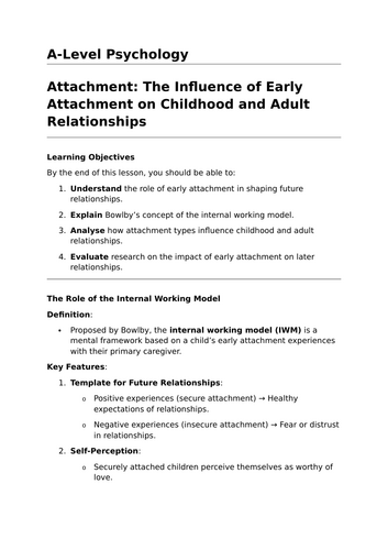 The Influence of Early Attachment - A-Level Psychology Lesson