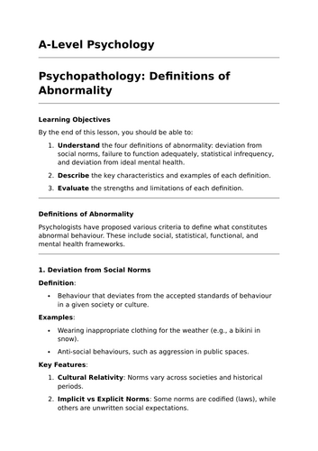 Definitions of Abnormality - A-Level Psychology Lesson