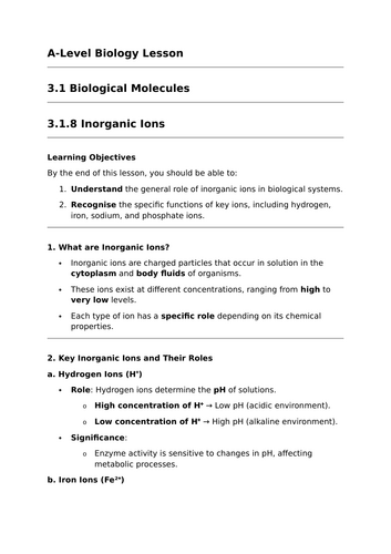 Inorganic Ions - A-Level Biology Lesson