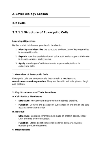 Structure of Eukaryotic Cells - A-Level Biology