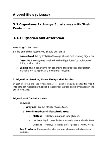 Digestion and Absorption - A-Level Biology Lesson