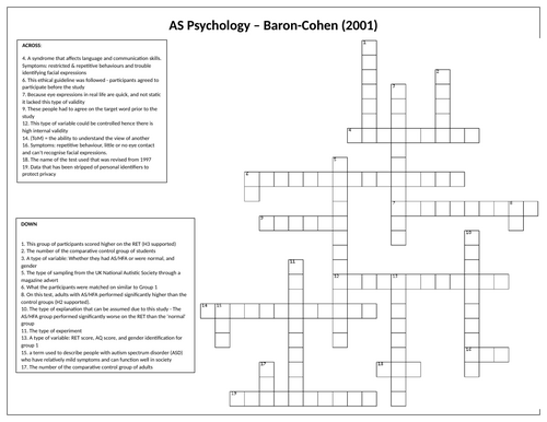 AS Level Psychology Crossword - Baron-Cohen (2001) WITH ANSWERS ...