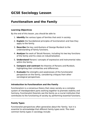 Functionalism and the Family - GCSE Sociology Lesson