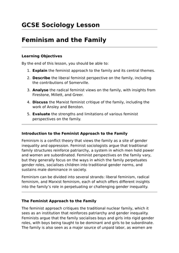 Feminism and the Family - GCSE Sociology Lesson