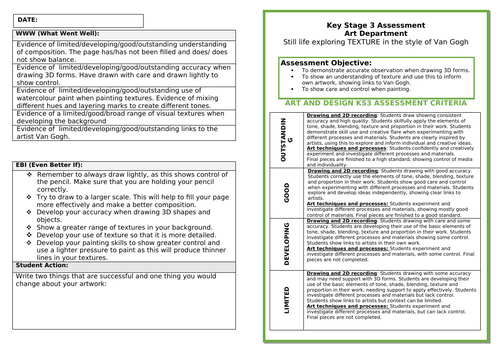KS3 Art. Assessment Sheet - Texture and Van Gogh Painting Project ...