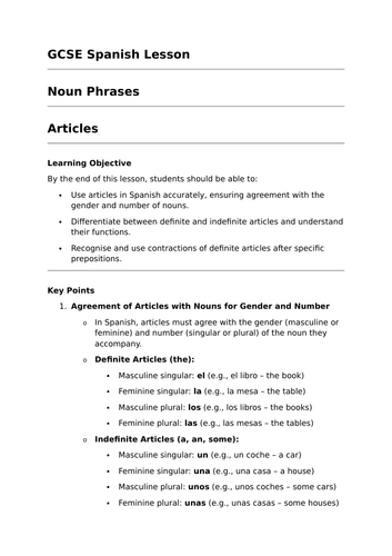 Articles - GCSE Spanish Grammar Lesson