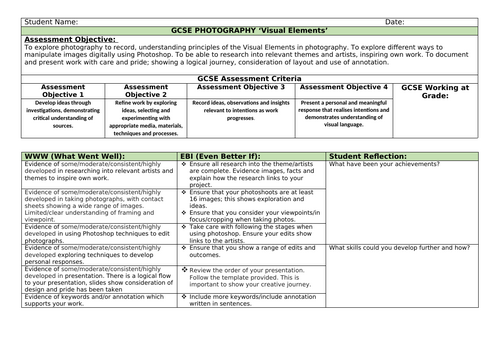 GCSE Photography - Assessment Sheet.