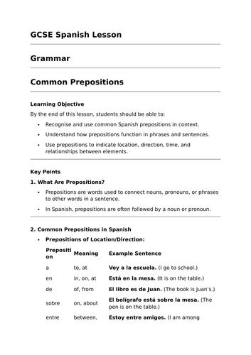 Common Prepositions - GCSE Spanish Lesson