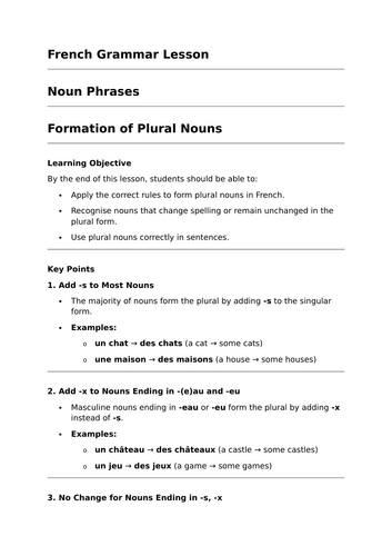 Formation of Plural Nouns - GCSE French Grammar Lesson