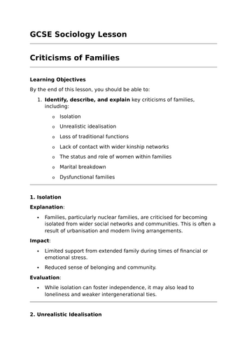 Criticisms of Families - GCSE Sociology Lesson