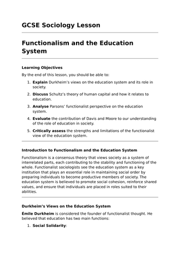 Functionalism and Education - GCSE Sociology Lesson